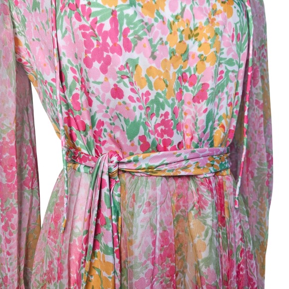 Vintage 70s Frances Brewster Floral Chiffon Dress Belted Boho M - Picture 5 of 8
